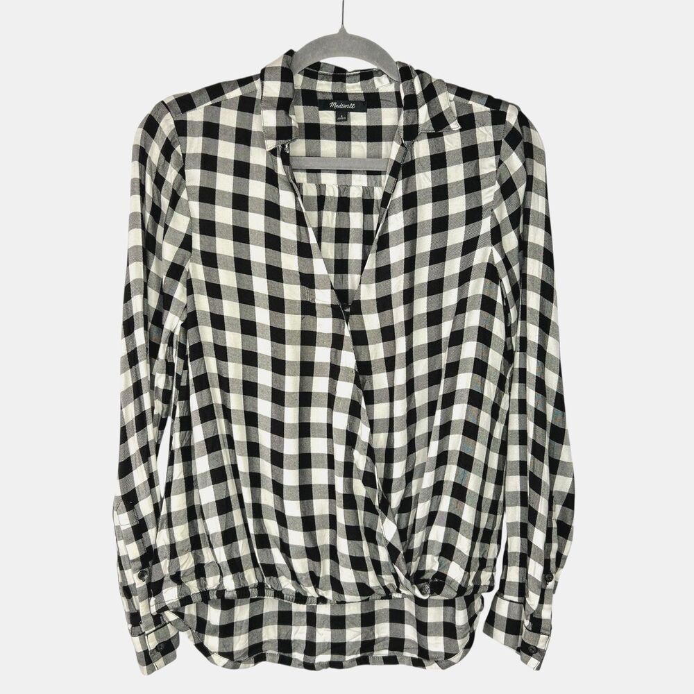 Madewell Buffalo Check Plaid Wrap Front Shirt Size Small Black White